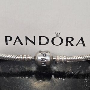 PANDORA 925 Sterling Silver Snake Chain Bracelet with Barrel Clasp Size 7 3/4